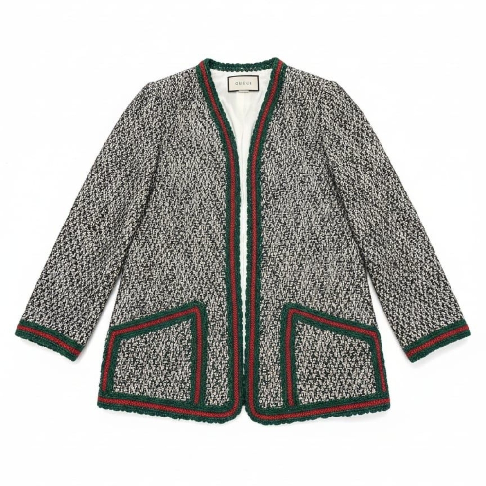 Gucci 2020 Tweed Wool Blazer Evening Jacket White Black Green Red Size EU 40